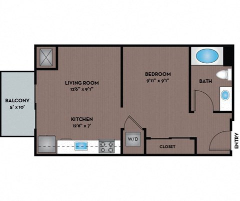 Floor plan for studio, 1 bath, 522 sqft
